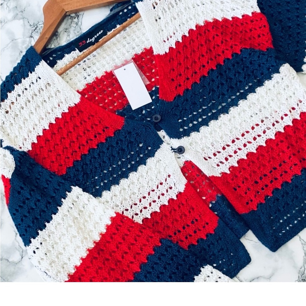 NWT 33 Degrees Bell-Sleeve Crochet Cardigan in Americana Stripe